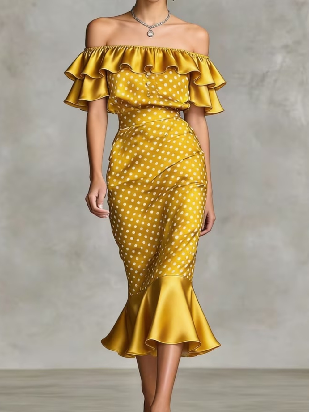Yellow Polka Dot Off-Shoulder Dress with a Waist-Cinching Design for Women